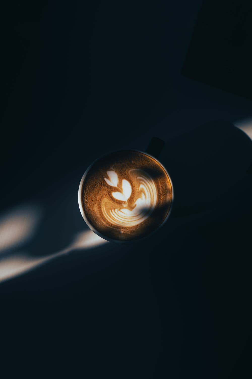 Flat white with latte art from above, low light