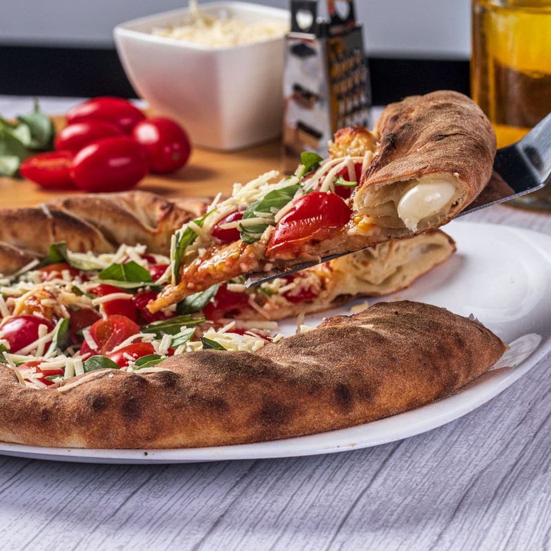 Stuffed crust pizza fresh from the oven