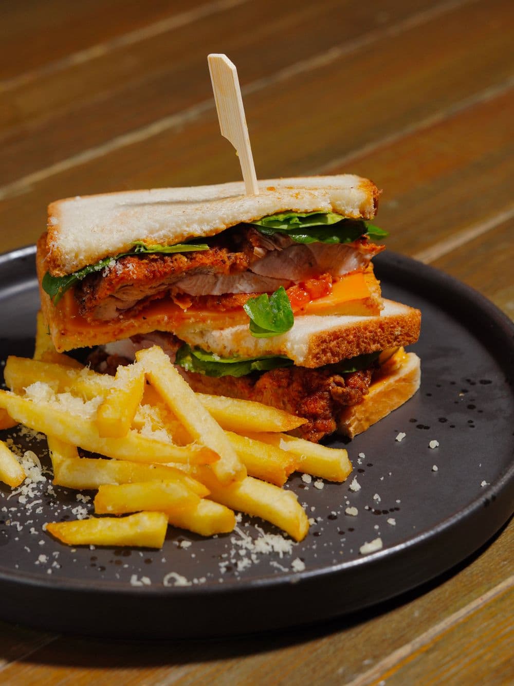 Club sandwich with fries